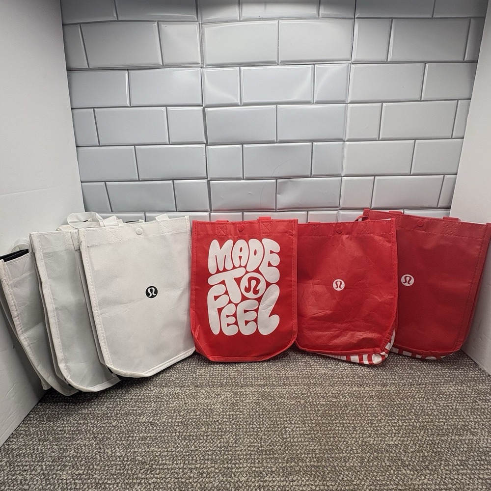 Set Of 6 Lululemon Small Reusable Shopping Bag With Logo Red White Lunch Gift